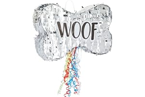 BLUE PANDA Pull String Dog Pinata for Puppy Birthday Party Decorations, Silver Foil Bone (Small, 42.5 x 25.4 x 7.6 cm)