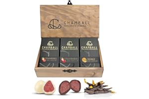 CHAMBALL EXCLUSIVE CHOCOLATES Pack de 3 Cajas de Bombones de Chocolate Negro y Blanco | Fresas y Naranja Confitada con Chocolate | Caja de Bombones para Regalar | Regalo Dulce para Navidad, San Valentín o Día de la Madre