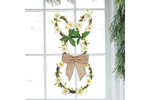 Vanthylit Easter Wreath 46cm Easter Bunny Wreath with Lights Battery Operated Rattan Spring Door Wreath with Linen Bow and Flower Vines for Window Wall Home Party Easter Decoration
