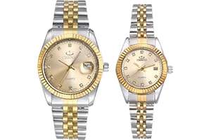 JewelryWe Paar Uhr Analog Quarz Kalender 30M Wasserdicht Partner Armbanduhr Edelstahl Armband Herren Damen Uhren mit Strass Zifferblatt