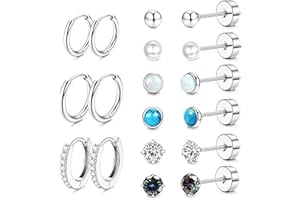 LOFITOR 9 Paia Orecchini in Titanio Ipoallergenici per Donne e Uomini Set Orecchini Donna Acciaio Chirurgico Piercing Orecchio a Cerchio Multi Piercings Helix Trago Conch Piercing（Argento Oro Nero）