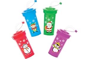 Baker Ross AV808 Christmas Bendy Straw Cups - Pack Of 4, Ideal For Party Bag Fillers, Kids' Prizes, Gifts