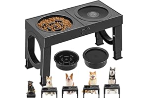 X XBEN 3-in-1 Gamelles Surélevées de 5 Hauteurs Ajustables, Gamelle pour Chien avec 1L Gamelle Anti-Glouton et 1,4L Anti-éclaboussures, Antidérapant, pour Chien de Taille Moyenne et Grande