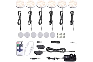 AIBOO Under Cabinet Kitchen Lights LED Wired 6 Pack with Remote,Dimmable Warm White Puck Lights Mains Hardwired and Pulg in Under Cupboard Lighting for Closet,Counter,Cupboard,Shelf