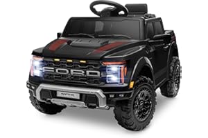 MONDIAL TOYS Ford F150 Raptor 12V Auto Elettrica Fuoristrada per Bambini Pick-Up con Telecomando Luci LED Bluetooth Ammortizzatori Porte Apribili Carico 30 Kg – Nero