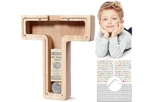 MoneRffi Personalized Letters Wooden Piggy Bank, A-Z Letters Coin Bank Money Box with Clear Alphabet Stickers, Money Saving Bank For Family Christmas Birthday Gift Home DIY Decoration