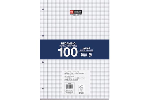 Miquelrius - Bloc de recambio, 100 hojas cuadriculadas 4x4 mm con margen, Papel opaco 90 g/m², Recambio hojas A4 perforadas para carpeta de anillas, Material escolar para la vuelta al cole