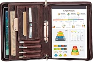 Calfinder - Classeur porte-documents avec double pince A4 - En cuir - 2 anneaux - Avec fermeture éclair - Marron foncé