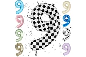 SOWIDE Checkered 40 Inch Number 9 Balloon,Large Self Inflating Black and White Foil Number Balloons 0-9 for Boys Girls,Digit Racing Balloons for 9th Birthday Party Decorations Supplies