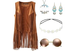 Blisscok Hippie Kostüm Damen,70er Jahre Outfit Damen Hippie Weste Damen Disco Cosplay Karneval Kostüm Damen Halsketten,Ohrringe Kopfring Brillen Karneval Fransenweste Damen