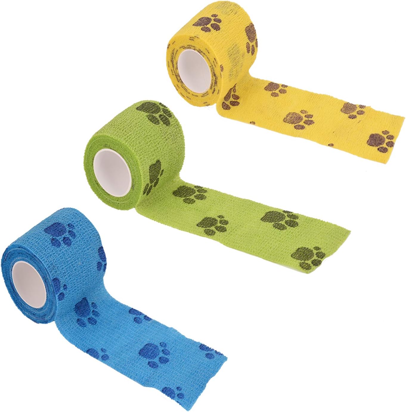 3 Rolls Pet Vet Wrap Self Adhesive Pet Elastic Bandage Vet Wrap Tape for Wrist, Ankle Sprains & Swelling, 3 Colors with Dog Paw Pattern