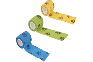 COOCNH 3 Rolls Pet Vet Wrap Self Adhesive Pet Elastic Bandage Vet Wrap Tape for Wrist, Ankle Sprains & Swelling, 3 Colors with Dog Paw Pattern