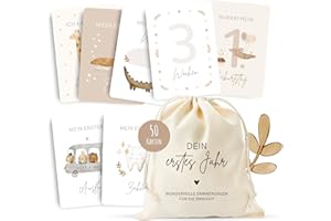 MeinBaby123® Meilensteinkarten "Dein erstes Jahr" | Meilenstein Karten Set Geschenk zur Geburt | Fotokarten für das erste Jahr | 50 Karten Inkl. Baumwollsäckchen (beige Boho)