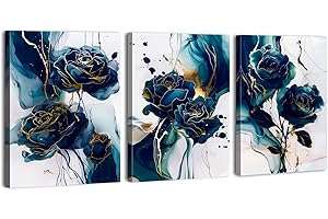 AIYISU Abstract Floral Wall Art Navy Blue and Gold Marble Wall Decor Bedroom Pictures Watercolor Rose Flowers Canvas Prints Modern Neutral Framed Artwork for Living Room Home Decorations 30x40cm 3Pcs