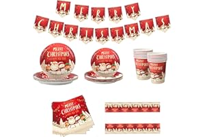 YAAVAAW Christmas Party Tableware Set 16 Guests,Xmas Table Decorations Disposable Dinnerware Set Plastic Tablecloth Napkin Christmas Banner Paper Plates and Cups for Christmas Party Supplies Tableware Decor