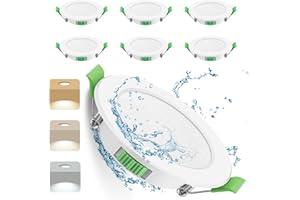 BRANTOO LED Downlights Ultra Slim 7W LED Recessed Ceiling Lights Dimmable 6 Pack, Warm White 3000K Neutral White 4000K Cool White 6500K Adjustable, IP44 Round Spotlights for Kitchen Living Room Bathroom