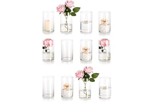 Vases Cylindriques en Verre pour DéCoration de Table, Hewory 12pcs Ronds Clear Vase Set for Wedding Events Centerpieces, Hurricane Candle Holders for Pillar Floating Candles, Living Room Home Decor