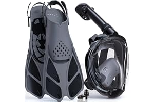 Lealinga Snorkel Set Adults Full Face Snorkel Mask with Flippers, Snorkeling Mask & Swim Fins, Panoramic View Snorkel Mask Fins Anti-Fog Anti-Leak Foldable Design with Carrying Bag
