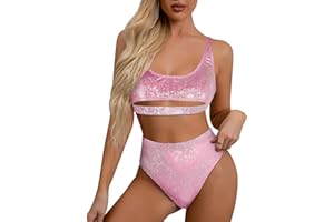 ELLA LUST Tenues raves à paillettes pour femme – Ensemble bikini sexy à encolure dégagée et découpe sous les seins