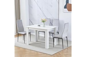 Pantanal Modern White Dining Table and Grey Velvet Chairs Set of 4 for Small Space, 5pcs Kitchen Rectangular Table with 4 Seater Chairs
