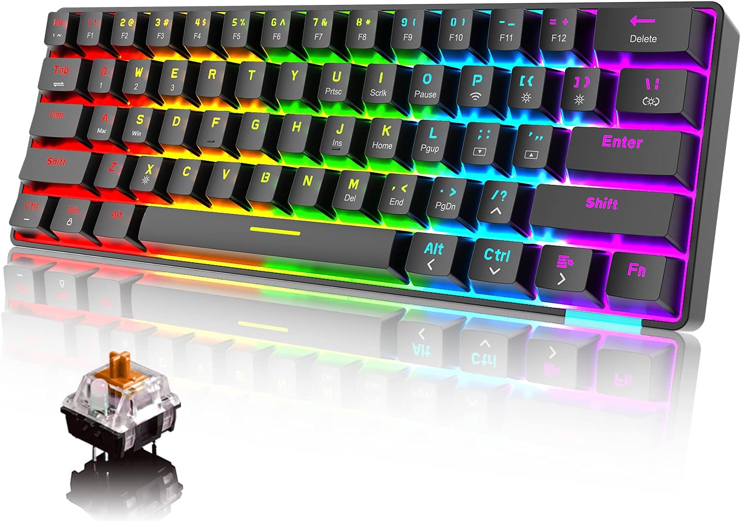 60% Teclado mecánico Cableado/inalámbrico Teclado Bluetooth 5.0 61 Teclas RGB Rainbow LED retroiluminado USB Tipo C Teclado para Juegos a Prueba de Agua Teclas Anti-Fantasma (Interruptor marrón)