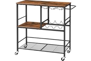 HOOBRO Wózek do serwowania na kółkach, 3-poziomowy wózek kuchenny z blatem roboczym, zamykany wózek barowy z regałem na wino do jadalni, salonu, na imprezę, do baru, vintage brązowy i czarny