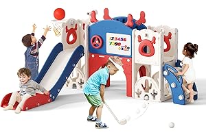 CUPCHID Tobogán de Alce navideño,tobogán para niños pequeños 11 en 1,con aro de Baloncesto,Estructura de Escalada,telescopio,Arco para Gatear,Golf,Tablero de Dibujo,tobogán Extra Largo de 1310 mm (Azul-Rojo)