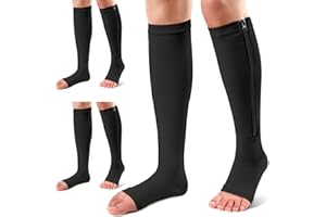 Ailaka 3 Pairs Compression Socks with Zipper, 15-20 mmHg Medical Knee High Compression Socks for Men Women, Open Toe Socks for Varicose Veins, Edema, Recovery