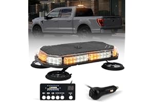 Xprite LED Rooftop Strobe Lights, Magnetic Base Emergency Traffic Hazard Warning Caution Lightbar w/ 38 Flashing Modes & Controller, for Construction Vehicles Snowplow Mail Trucks - White Amber