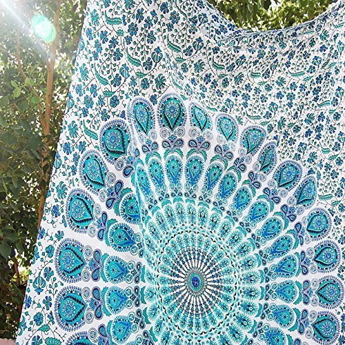 indian-hippie bohemian-ethnic-psychedelic peacock-mandala wall-hanging-tapestry-blue-green twin-size-54 X 72 - 3