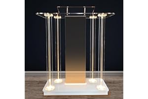 TinFrey Silla de Iglesia Púlpito de Acrílico Transparente con Ruedas Podio de Acrílico con 15 Colores de Luz LED, Gran Podio para Conciertos, Conferencias, Bodas, Aulas