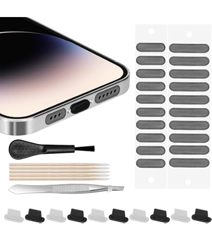 LunarCharm 13-delige set USB C stofbeschermers en telefoon-luidsprekerafdekking Zilver, Geschikt voor iPhone 16/15 serie, USB C aansluitingbescherming, Telefoon-oplaadpunt reiniger