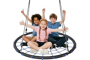BROLTEJA 40" Spider Web Saucer Tree Swing, 450lbs,Adjustable Heightfor Kids and Adults, Outdoor Net Swing with Steel Frame and 2 Hanging Straps (Blue-120cm)
