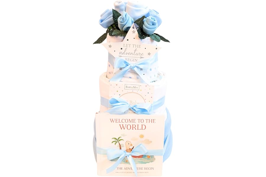 Nappy Cakes Baby Boy Gift Newborn Welcome to The World Book Baby Shower Boy Gift Clothes Posy Vest, Mitts, Hat Socks Milestone Cards and Star Plaque, Muslins wash Cloth Gift for new Parents