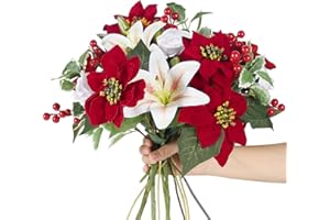 FALSKT Fiori Artificiali di Natale Buoquet Fiori Rosse da Interno Fiori di Natale Poinsettia Artificiali per Albero di Natale Fiori Rosa Artificiali Bacche Rosse per Decorazioni Casa Feste