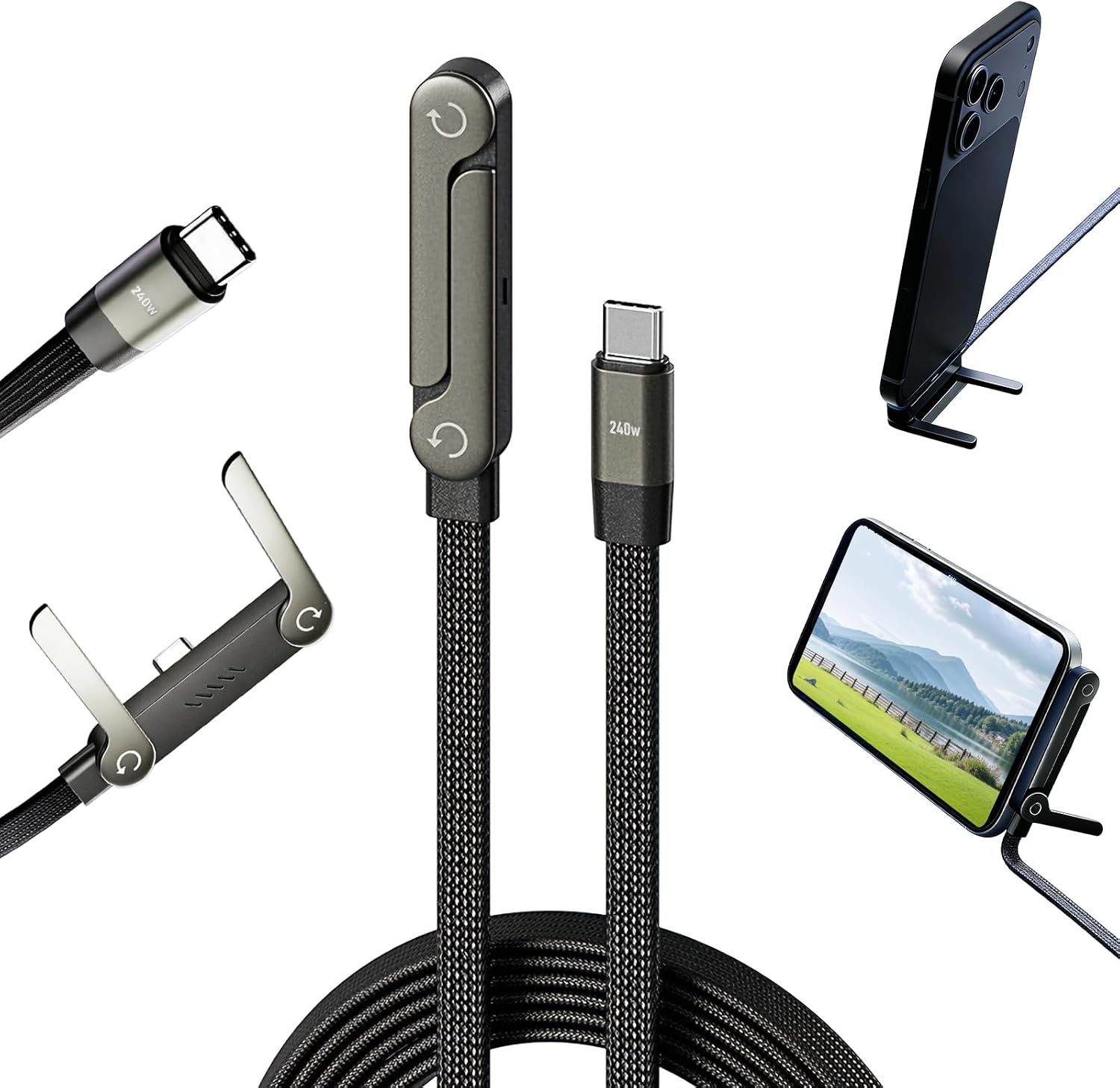 USB C Charger Cable with Stand, 1.5m 240w Fast Invisible Holder Flat Data Cable with Bendphone Accessories, Type C Sideways Charging Cable for iPhone 17 16 15 Pro Max, Samsung S25 S24 Ultra etc. (C-C)