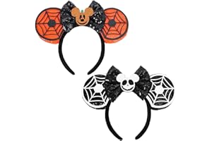 UNKJIN 2 Pcs Halloween Mouse Ears Headband for Women Boys Girls, Sequin Bow Glitter Headband for Halloween Accessories (Pumpkin and Cobweb)
