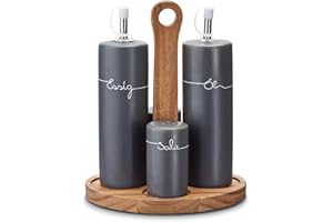 ‎KHG KHG Menage Set Keramik Steingut poliert, Anthrazit Grau mit Holz-Halterung für Öl Essig Salz & Pfeffer für den Tisch mit Beschriftung | Öl- & Gewürze-Vorrat 5-teilig mit Schutz-Deckel
