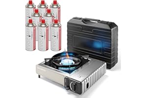 EVOCAMP Réchaud gaz 1 feu, barbecue portable avec allumage piézo, mallette et 8 cartouches gaz butane 227g, pour usage intérieur et extérieur, 2,2 kW