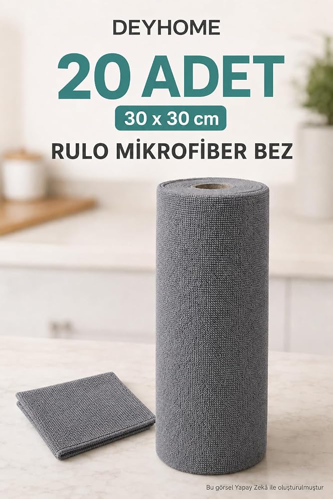 20 Adet Rulo Mikrofiber Bez 30 x 30 cm Çok Amaçlı Temizlik Bezi | Islak ve Kuru Kullanım, Süper Emici, Hızlı Kuruma, Yıkanabilir, Mutfak ve Banyo İçin