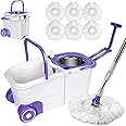 Masthome Spin Mop and Bucket, Mop and Bucket Set with Foot Pedal, Telescopic Handle 102-128 cm, 360° Mop Bucket with Wringer, Stainless Steel Basket and Handle, with 6 Microfiber Mop Pads, 2x Wheel