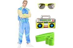 HARNYLOOM Disfraz años 80 Hombre Mujer Adulto Disfraces Chándal Retro Diadema Muñequera para Rockstar Carnaval con Chaqueta Pantalón Gafas Disfraces Neón Jogging Halloween Cosplay y Fiesta Temática
