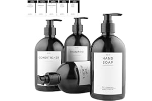 MONOKO 4er Set Seifenspender Kunststoff Schwarz 500ml Flasche - Plastik Shampoo Spender zum Befüllen - Pumpflasche + Aufkleber