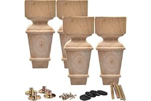 6 inch / 15cm Wooden Furniture Legs, La Vane Set of 4 Solid Wood Carved Geometry Unfinished Replacement Bun Feet with Mounting Plate & Screws for Sofa Cabinet Couch Table TV Stand