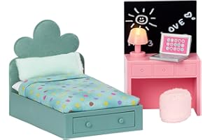 LUNDBY Meble do domku dla lalek sypialnia dla nastolatków - łóżko dla lalek + biurko + stołek + lampa LED + laptop - akcesoria do domku dla lalek do mini lalek 11 cm, wiek 4+ skala 1:18