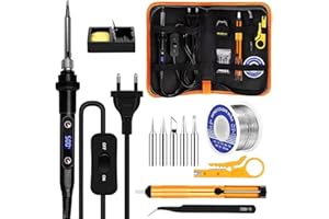 PROBUK Saldatore a Stagno Kit 80W Professionale con LCD, Interruttore ON/OFF,Temperatura Regolabile 180-520°C, Kit Completo 13 in 1 (5 Punte, Filo, Pompa Dissaldante) per Elettronica e Fai da Te