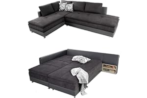 ‎LUMA-HOME SCHÖNES FÜR DEIN ZUHAUSE Federkern Ecksofa 307x223cm, Doppelbett Schlaffunktion, Kaltschaum-Topper, Bettkasten, L-Sofa, schwenkbare Ottomane RECHTS, Bezug Anthrazit (Microfaser) - Korpus Grau (Kunstleder) / 15106