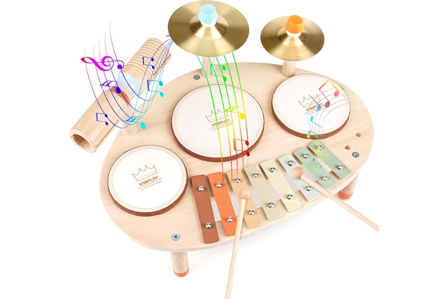Vanplay Kids Wooden Drum Kit Musical Instruments For Toddlers - 3 Drums, 2 Cymbals, Xylophone & Sticks - Ages 3-5 - Musical Toys For Boys & Girls