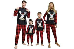 Kouric Family Christmas Pyjamas Set-Matching Christmas Pjs for Family-Christmas Pajamas for Family,Xmas Pjs with Elk,Plaid Xmas Pyjama Bottom,Matching pjs for Couples Adults Kids