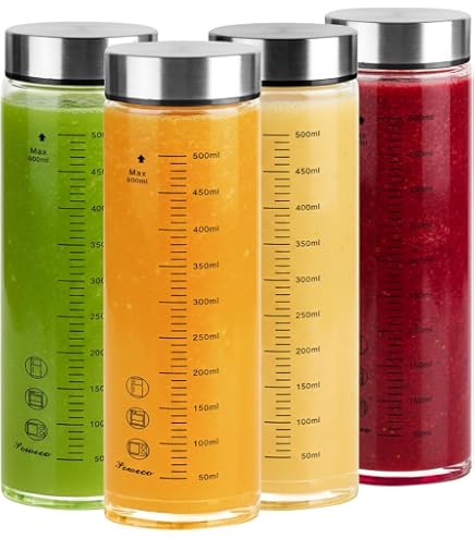 Acsatont Glasflaschen 300ml mit Edelstahl Deckel, 4 Stück Glasflaschen mit Messskala, Smoothie Flasche Wiederverwendbare für Säfte, Milch, Nudeln, Mehl, BPA-frei (300ML) Baumarkt